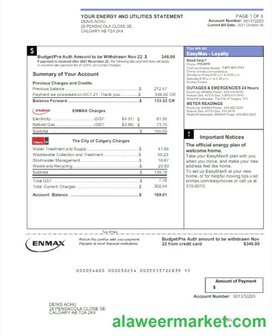 CANADA ENMAX utility bill Word and PDF template